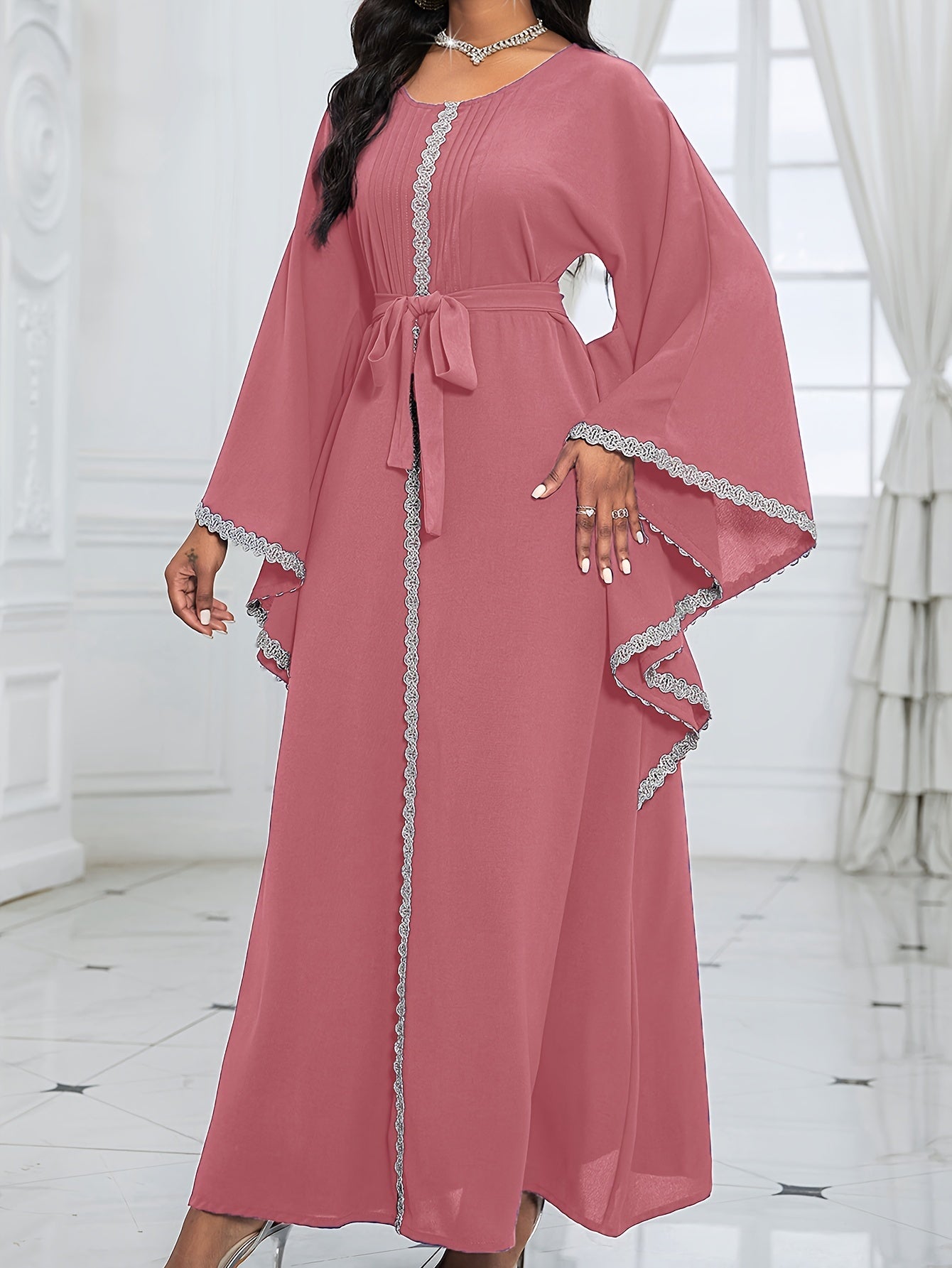 Contrast Lace Flare Sleeve Dress, Elegant Crew Neck Tied Waist Ankle Length Dress For Party & Banquet, Women's Clothing Wedding/Occasion/Engagement/Ceremony/Evening dress